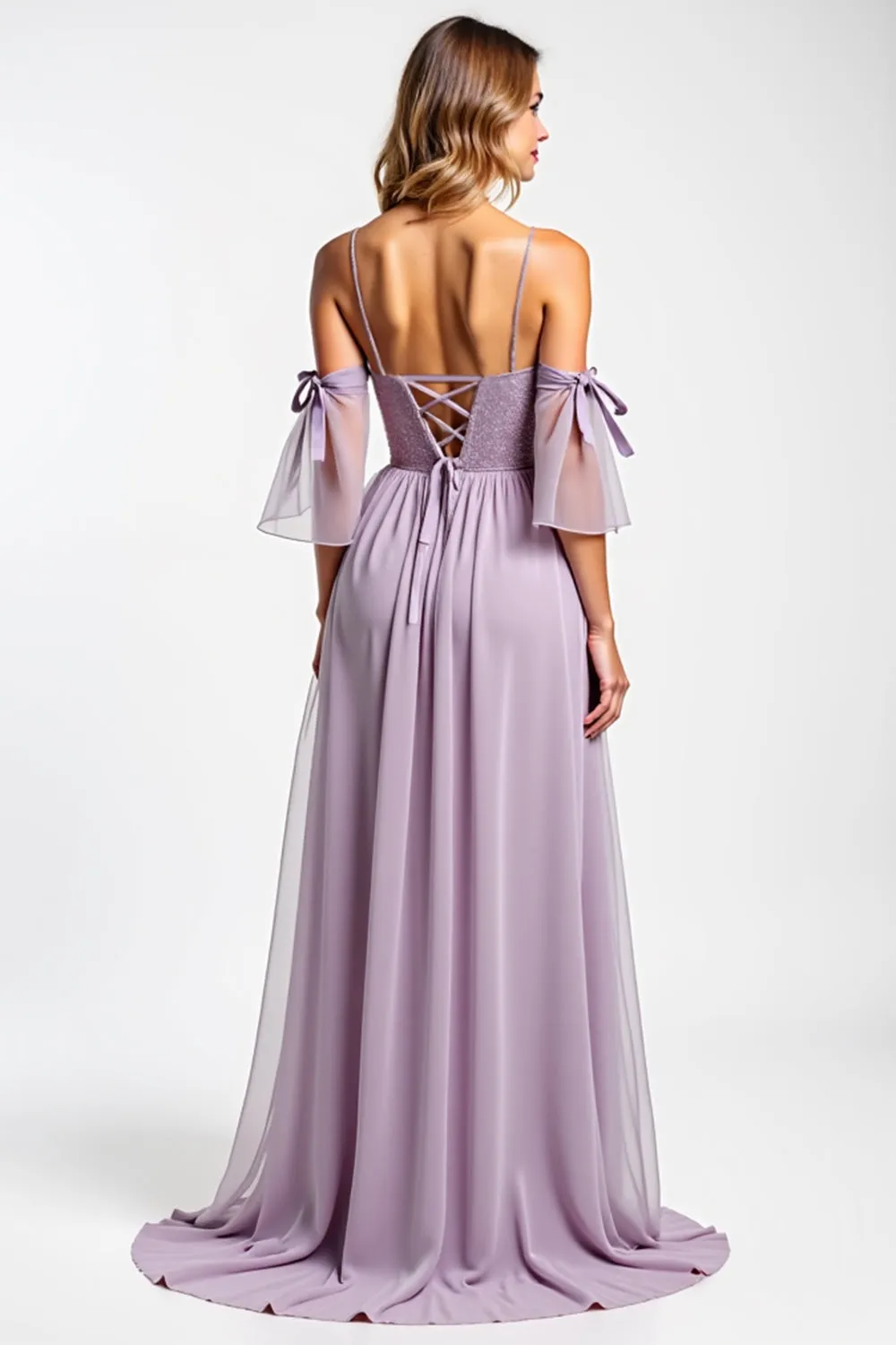 Purple Cold Shoulder A Line Bridesmaid Dress With Bows sold by Zapaka product image thumbnail 2