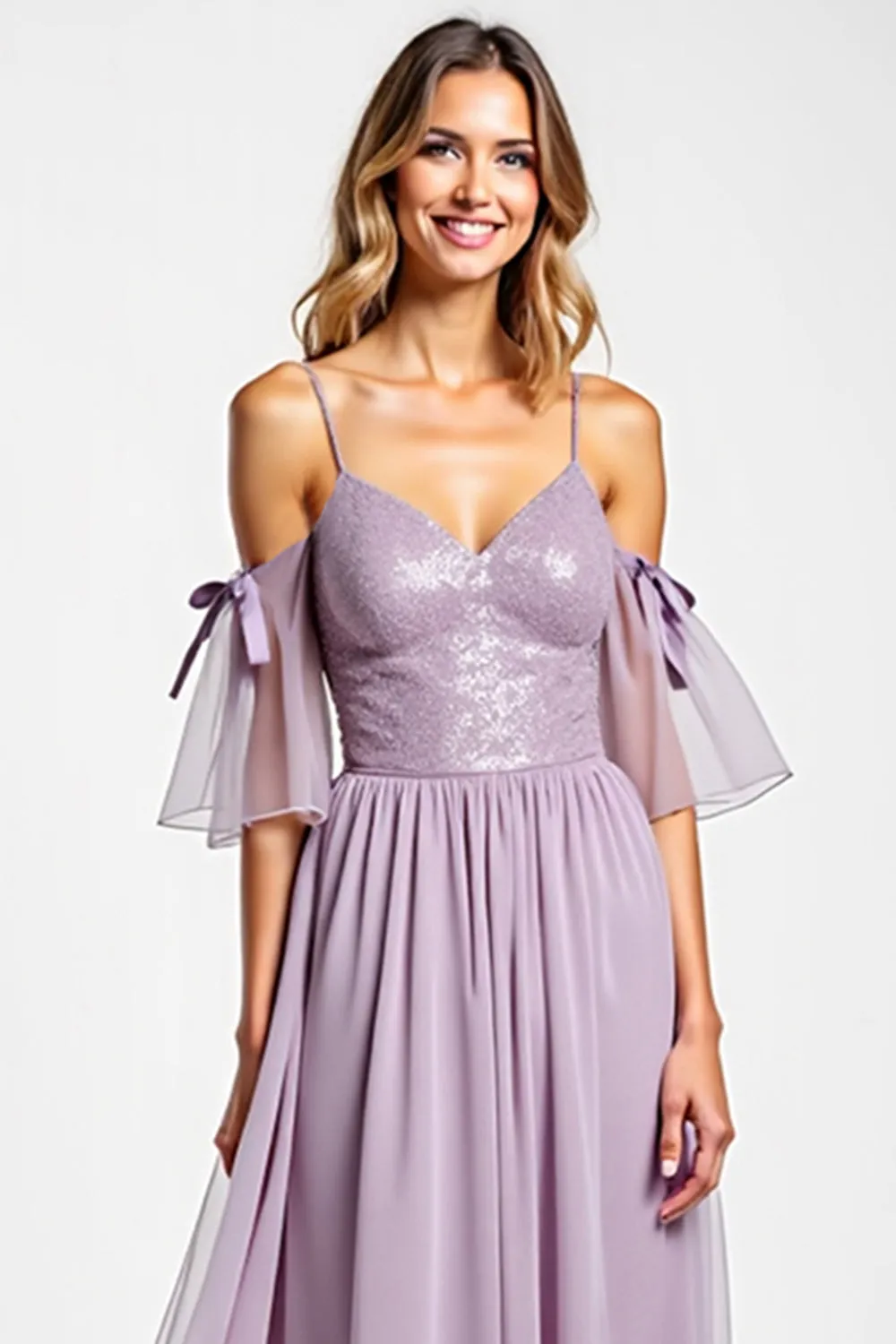 Purple Cold Shoulder A Line Bridesmaid Dress With Bows sold by Zapaka product image thumbnail 3