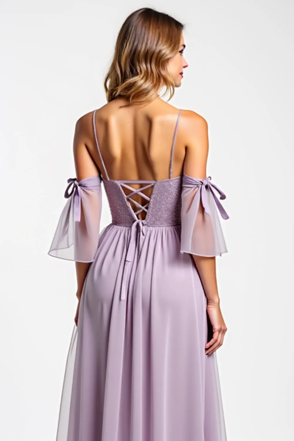 Purple Cold Shoulder A Line Bridesmaid Dress With Bows sold by Zapaka product image thumbnail 4