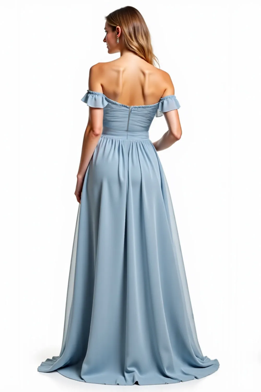 Dusty Blue Off The Shoulder Ruched Long Bridesmaid Dress sold by Zapaka product image thumbnail 2