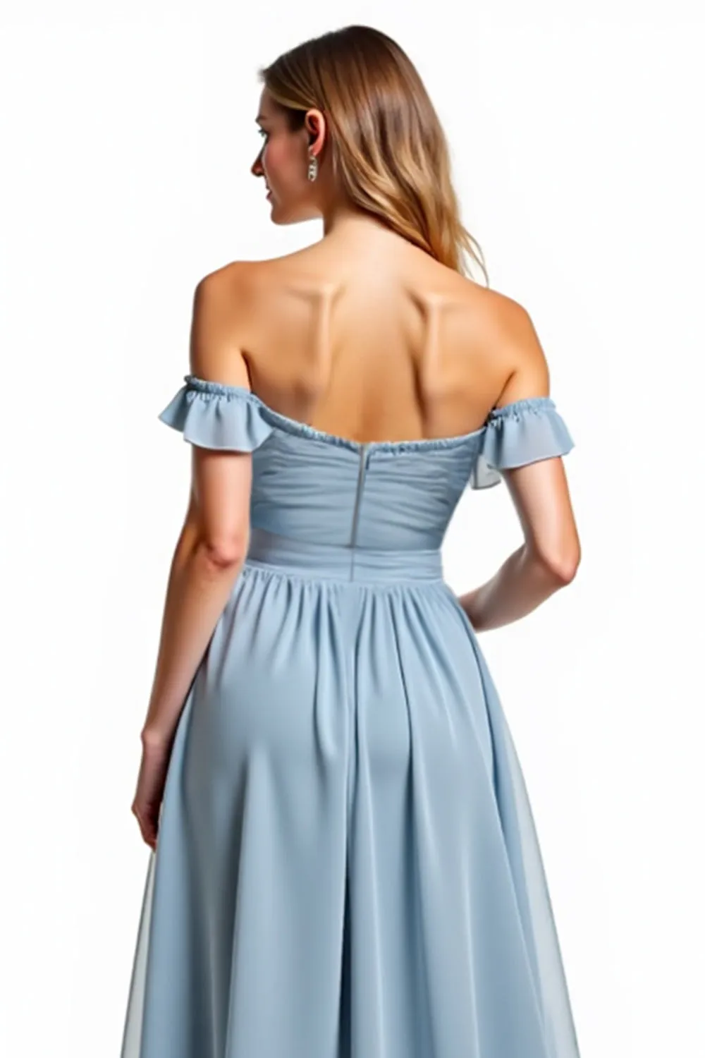 Dusty Blue Off The Shoulder Ruched Long Bridesmaid Dress sold by Zapaka product image thumbnail 4