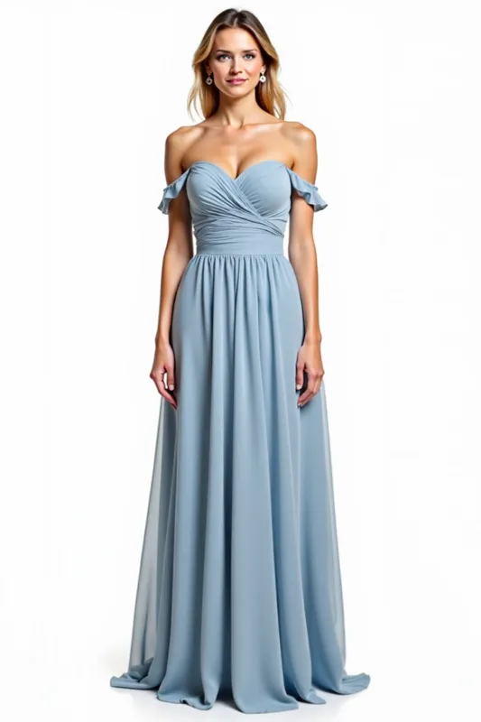 Dusty Blue Off The Shoulder Ruched Long Bridesmaid Dress sold by Zapaka