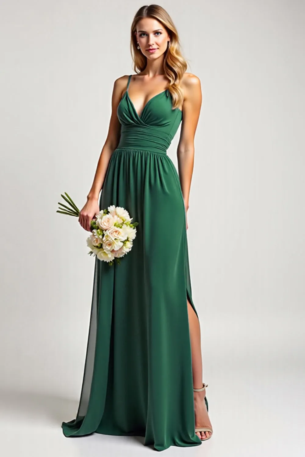 Dark Green A Line Long Bridesmaid Dress With Slit sold by Zapaka