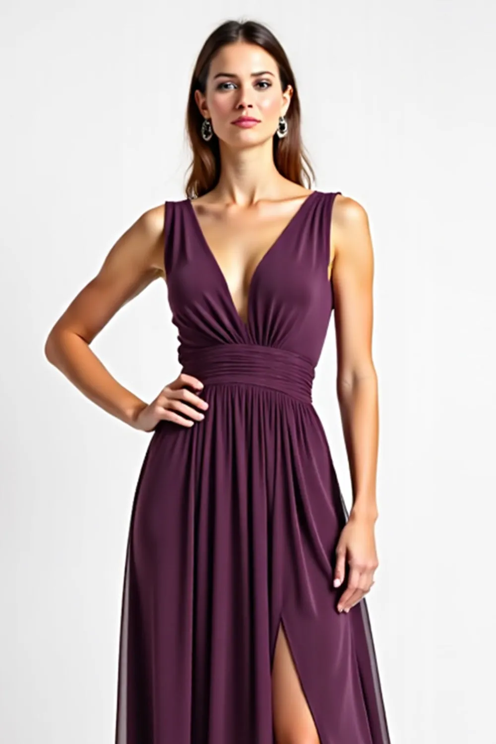 V-Neck Chiffon Long Purple Bridesmaid Dress With Slit sold by Zapaka product image thumbnail 3