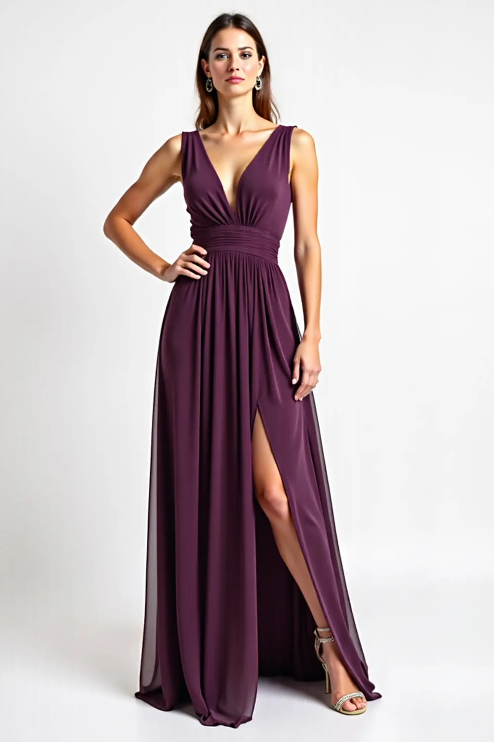 V-Neck Chiffon Long Purple Bridesmaid Dress With Slit sold by Zapaka