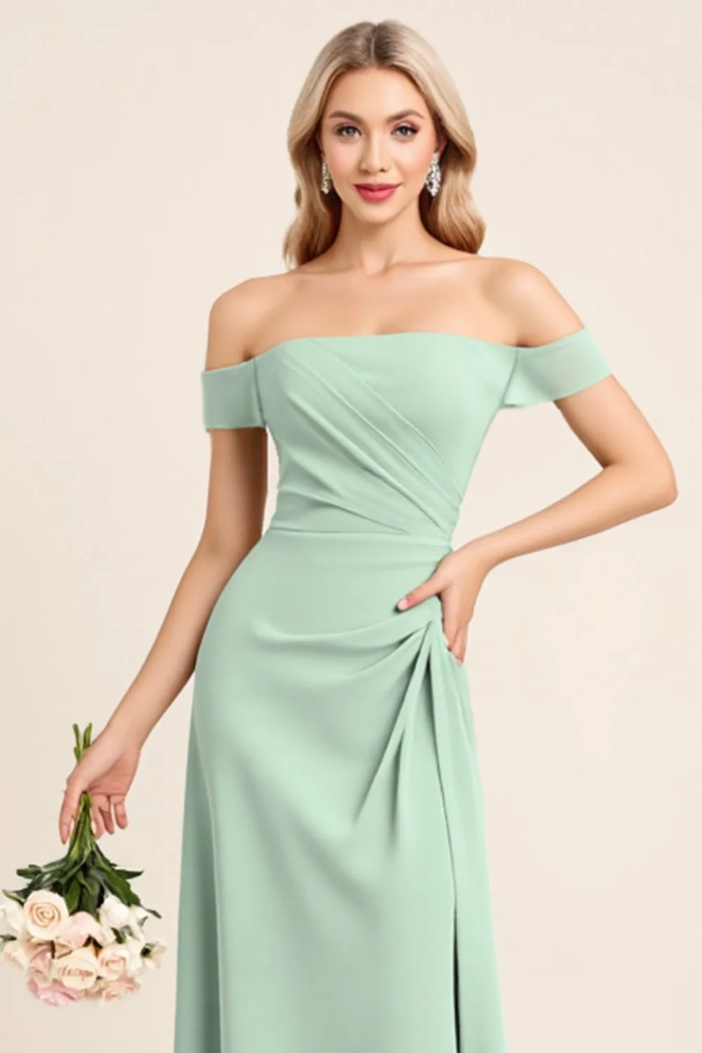 Mint Off The Shoulder Sheath Long Bridesmaid Dress sold by Zapaka product image thumbnail 4