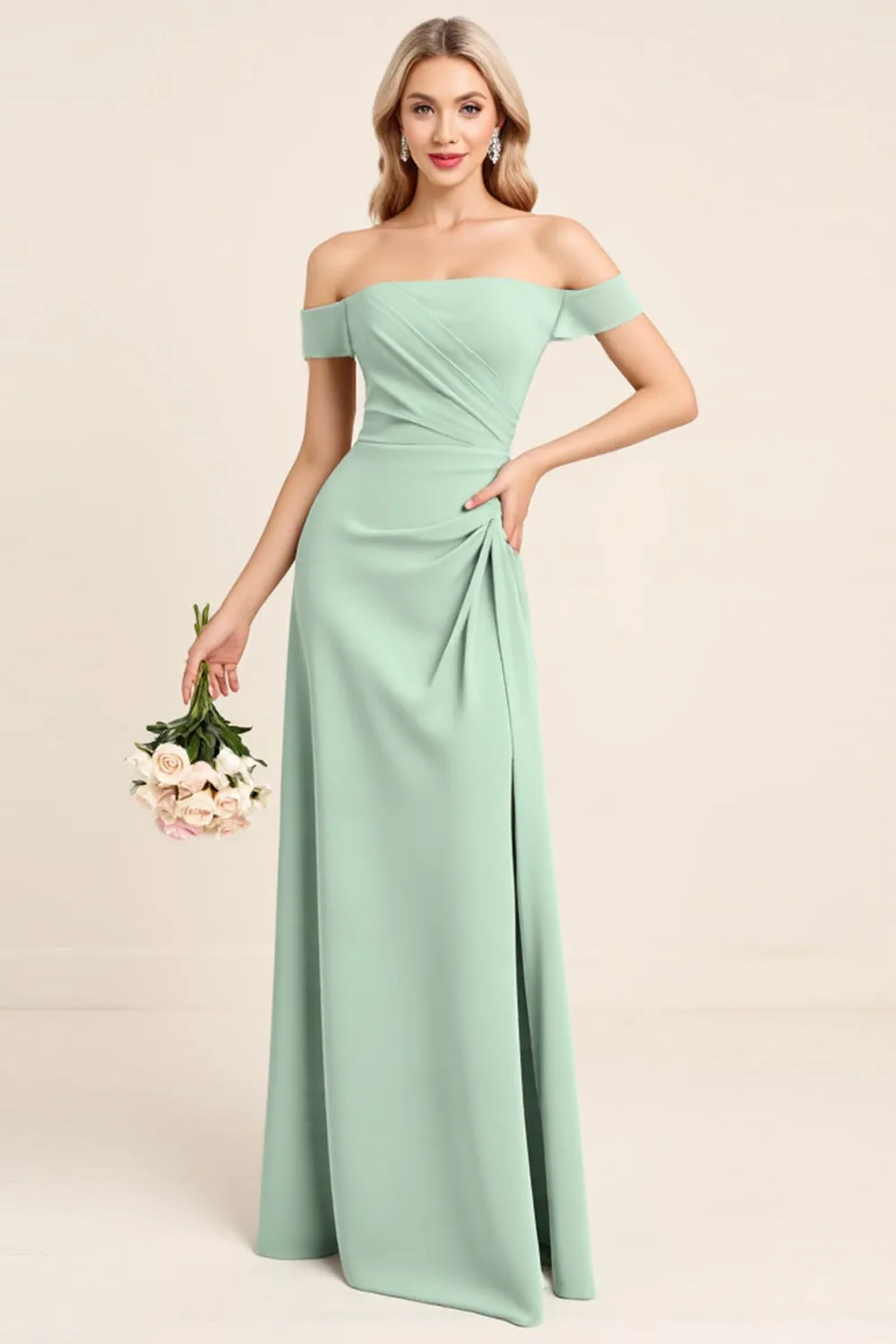 Mint Off The Shoulder Sheath Long Bridesmaid Dress sold by Zapaka