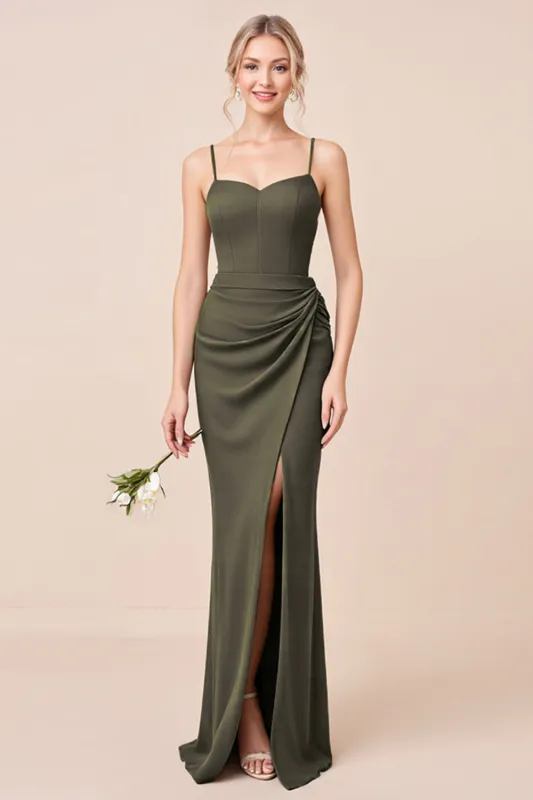 Olive Sheath Spaghetti Straps Bridesmaid Dress With Slit sold by Zapaka