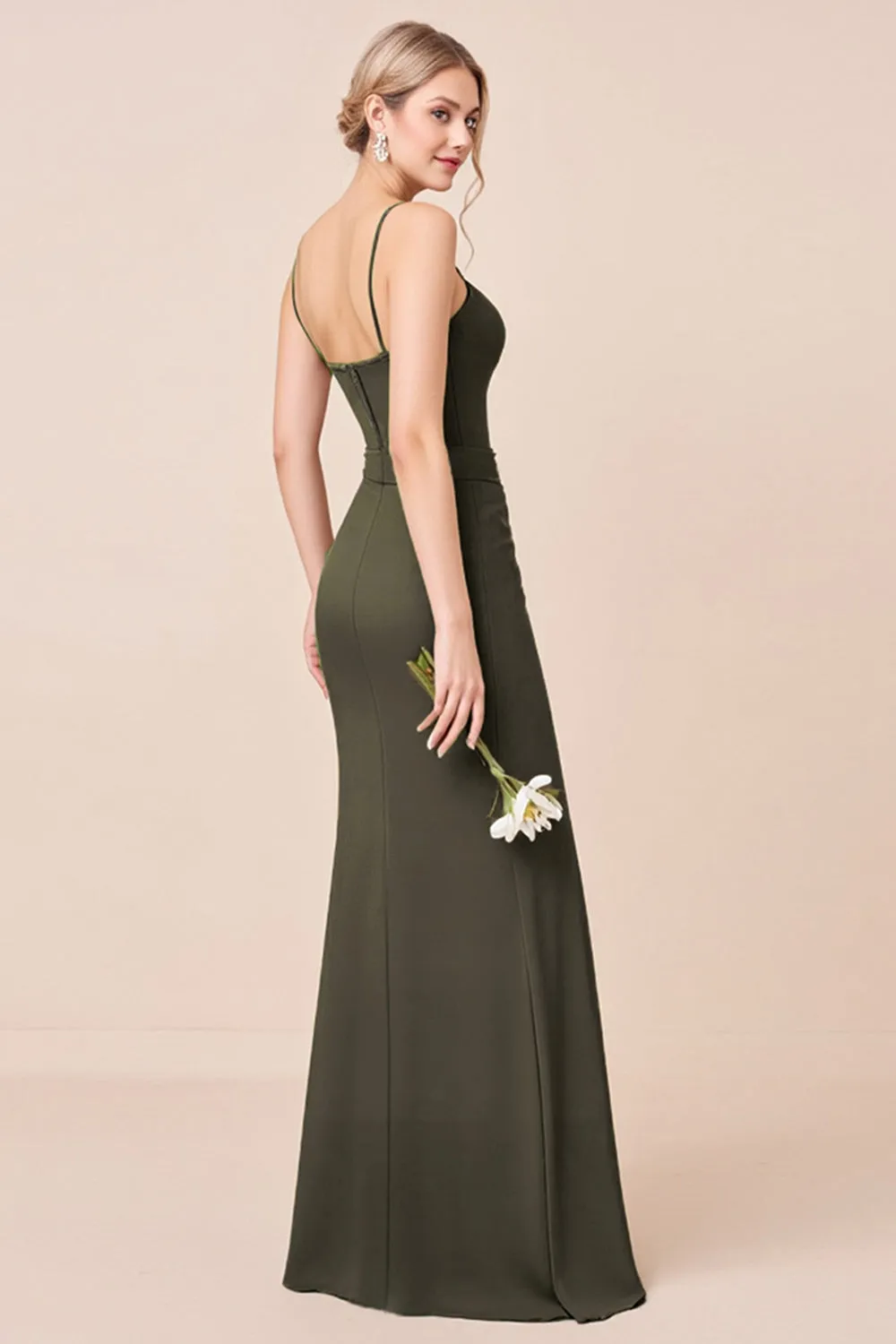 Olive Sheath Spaghetti Straps Bridesmaid Dress With Slit sold by Zapaka product image thumbnail 2