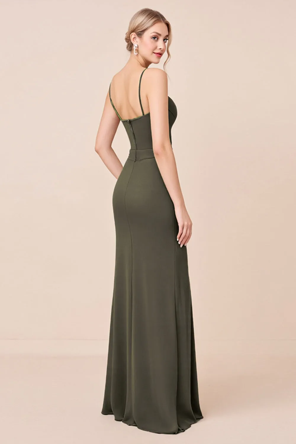 Olive Sheath Spaghetti Straps Bridesmaid Dress With Slit sold by Zapaka product image thumbnail 3