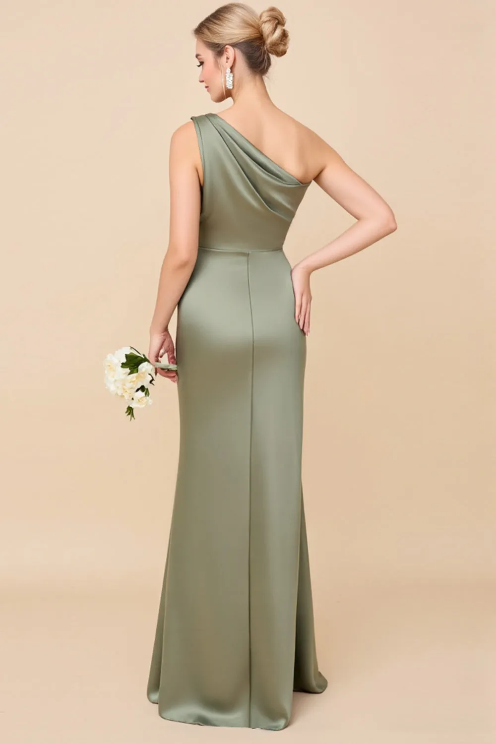 One Shoulder Sheath Eucalyptus Ruched Bridesmaid Dress sold by Zapaka product image thumbnail 2