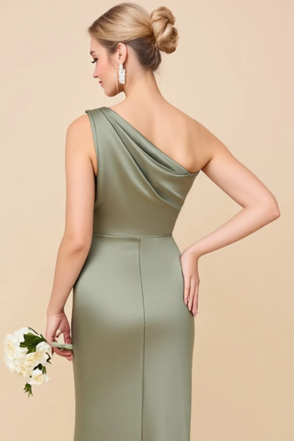 One Shoulder Sheath Eucalyptus Ruched Bridesmaid Dress sold by Zapaka product image thumbnail 4