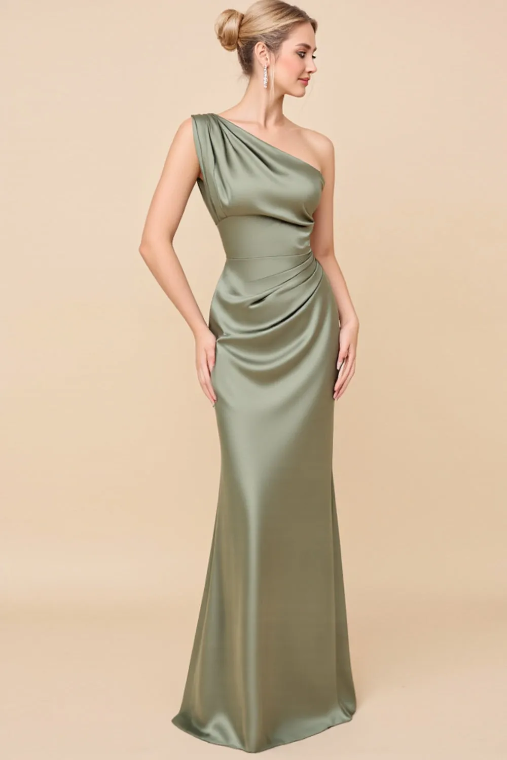 One Shoulder Sheath Eucalyptus Ruched Bridesmaid Dress sold by Zapaka
