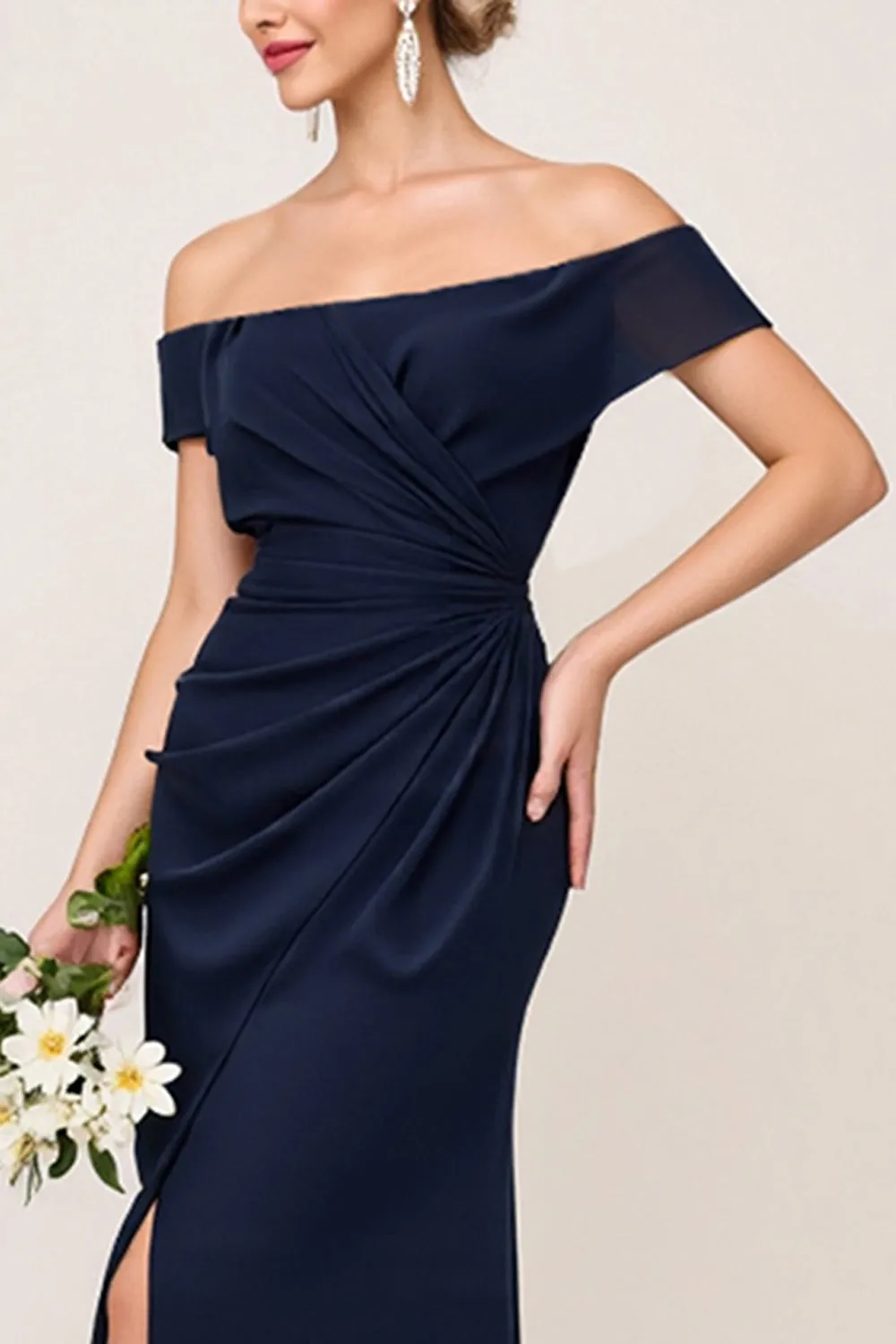 Navy Chiffon Off the Shoulder Ruched Sheath Bridesmaid Dress with Slit sold by Zapaka product image thumbnail 4