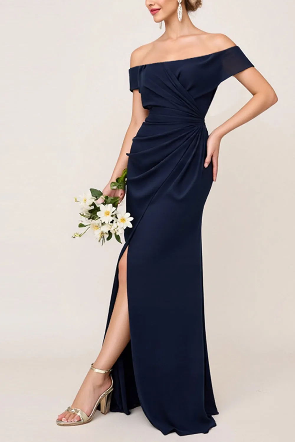 Navy Chiffon Off the Shoulder Ruched Sheath Bridesmaid Dress with Slit sold by Zapaka