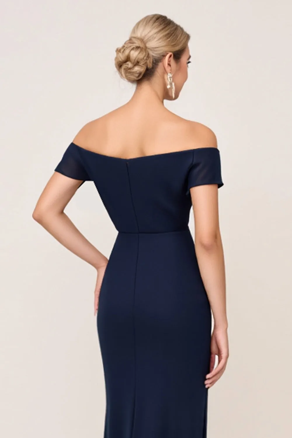 Navy Chiffon Off the Shoulder Ruched Sheath Bridesmaid Dress with Slit sold by Zapaka product image thumbnail 5
