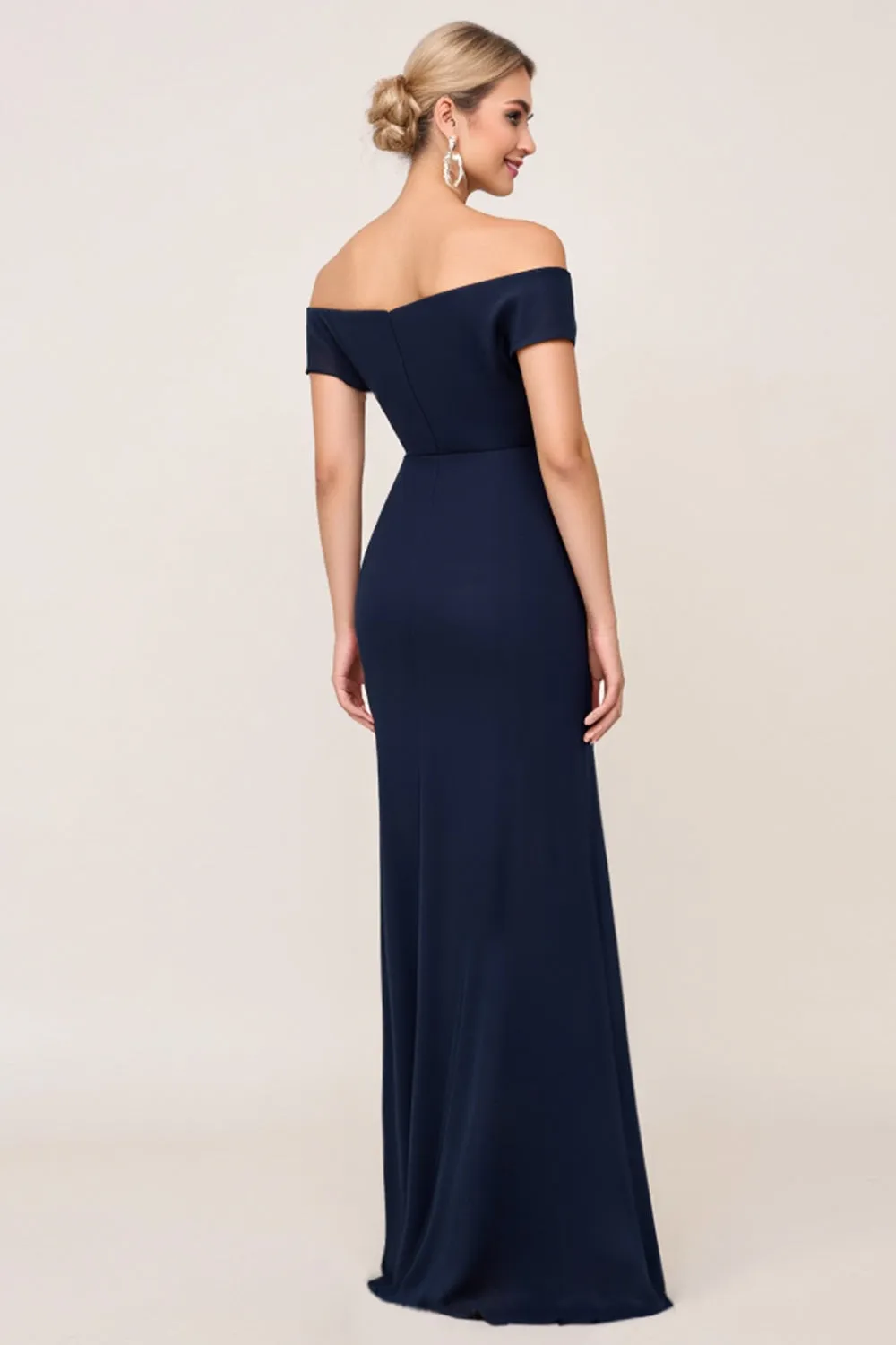 Navy Chiffon Off the Shoulder Ruched Sheath Bridesmaid Dress with Slit sold by Zapaka product image thumbnail 2