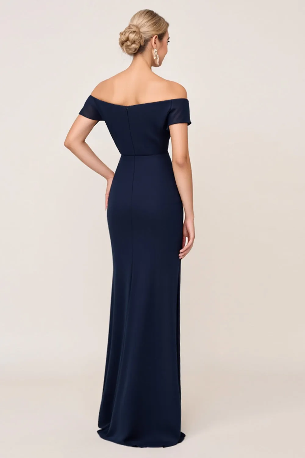 Navy Chiffon Off the Shoulder Ruched Sheath Bridesmaid Dress with Slit sold by Zapaka product image thumbnail 3