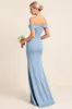 Matte Satin Off the Shoulder Dusty Blue Ruched Sheath Bridesmaid Dress with Slit sold by Zapaka