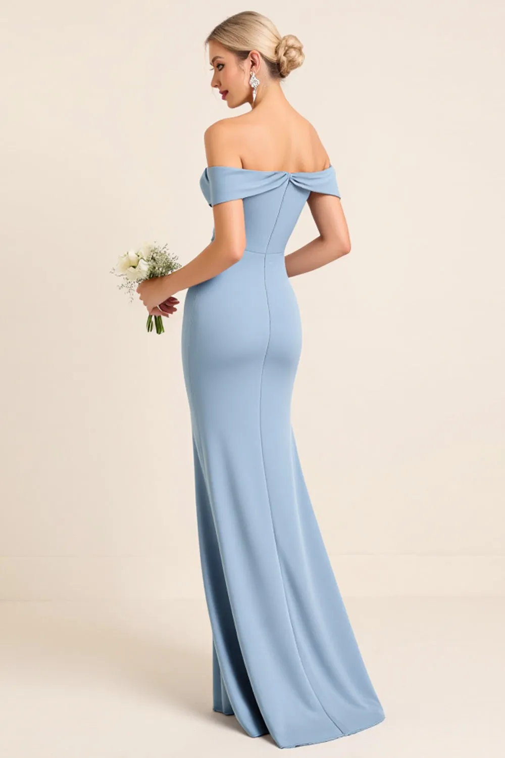 Matte Satin Off the Shoulder Dusty Blue Ruched Sheath Bridesmaid Dress with Slit sold by Zapaka product image thumbnail 3