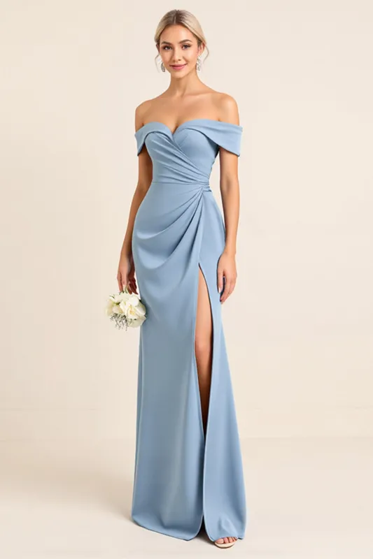 Matte Satin Off the Shoulder Dusty Blue Ruched Sheath Bridesmaid Dress with Slit sold by Zapaka