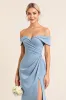 Matte Satin Off the Shoulder Dusty Blue Ruched Sheath Bridesmaid Dress with Slit sold by Zapaka
