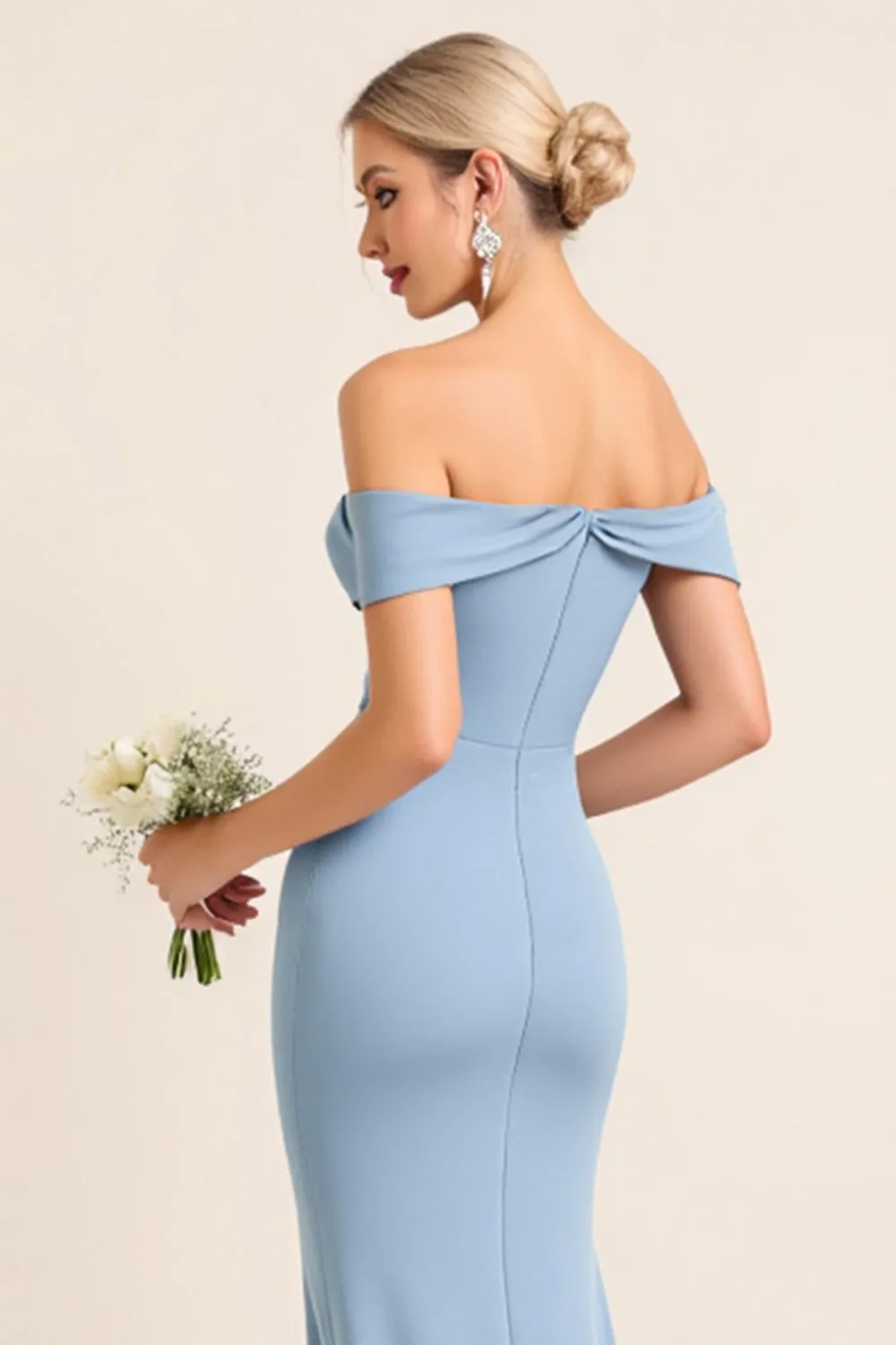 Matte Satin Off the Shoulder Dusty Blue Ruched Sheath Bridesmaid Dress with Slit sold by Zapaka product image thumbnail 5