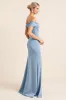 Matte Satin Off the Shoulder Dusty Blue Ruched Sheath Bridesmaid Dress with Slit sold by Zapaka