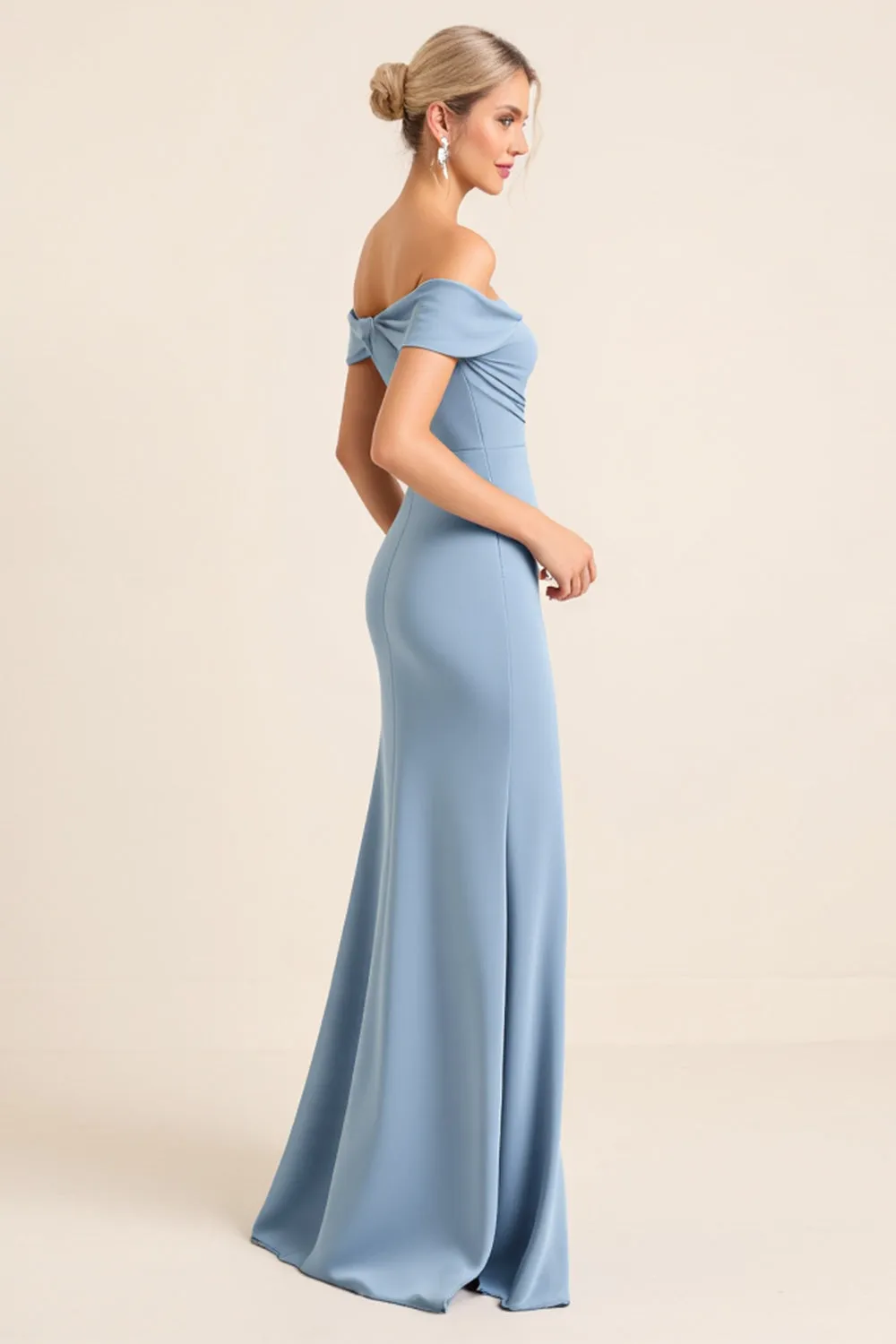 Matte Satin Off the Shoulder Dusty Blue Ruched Sheath Bridesmaid Dress with Slit sold by Zapaka product image thumbnail 2