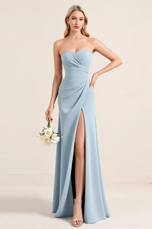 Stretch Satin Dusty Blue Strapless Sheath Bridesmaid Dress with Slit sold by Zapaka