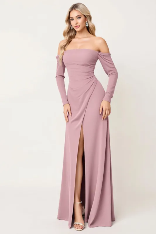 Dusty Rose Off the Shoulder Long Sleeves Ruched Sheath Bridesmaid Dress with Slit sold by Zapaka