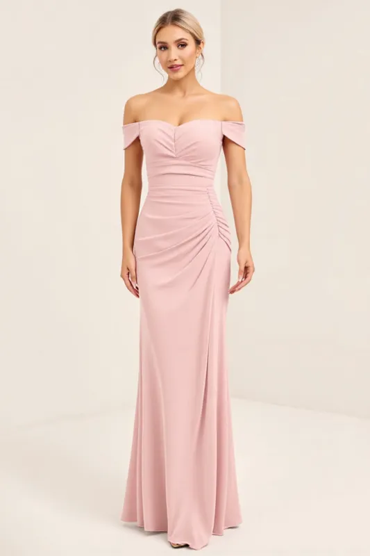 Blush Pink Ruched Off the Shoulder Sheath Bridesmaid Dress sold by Zapaka