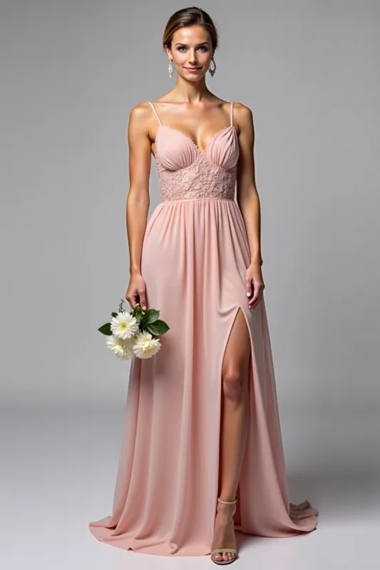 Dusty Rose Spaghetti Straps Chiffon Lace Bridesmaid Dress with Slit sold by Zapaka