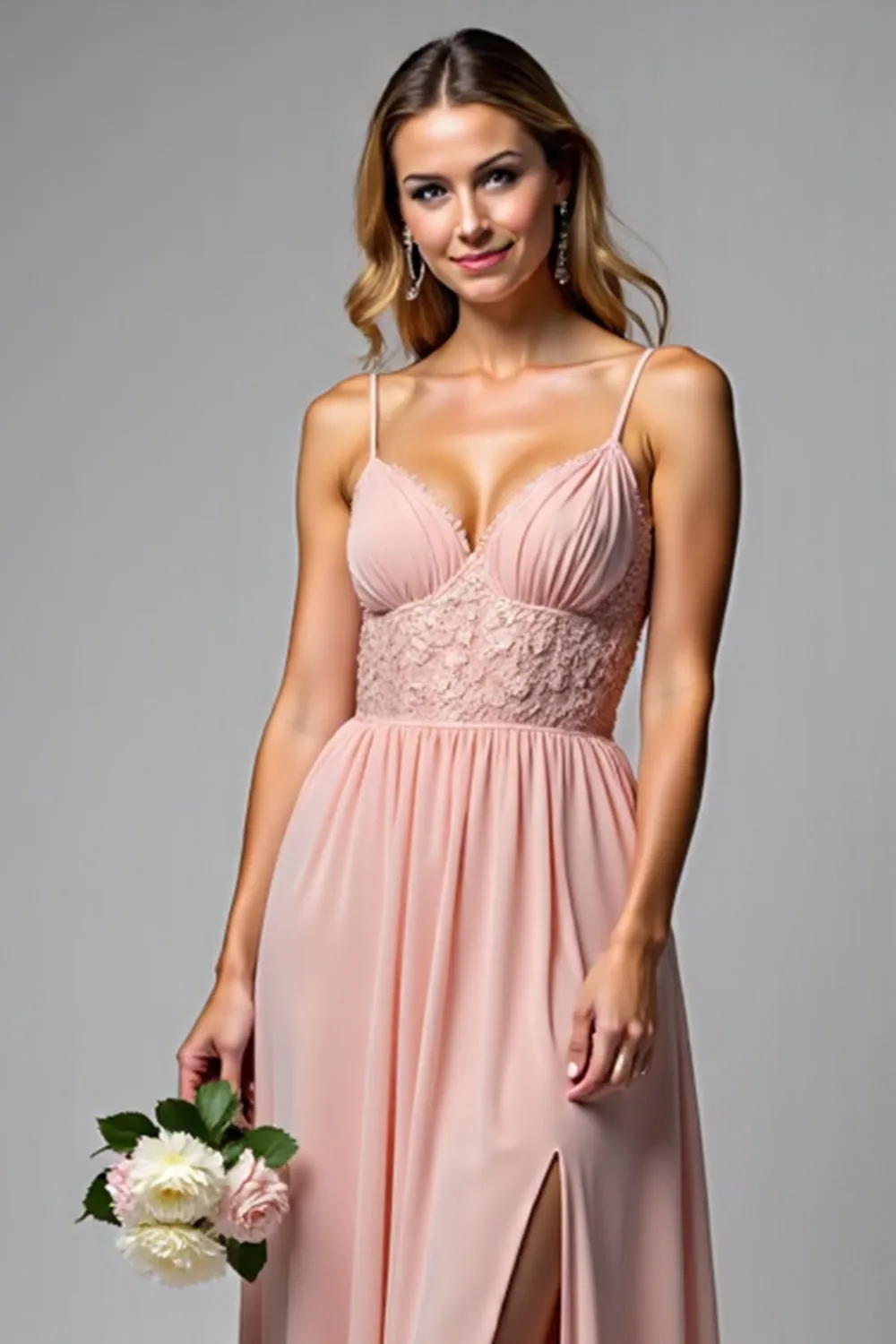Dusty Rose Spaghetti Straps Chiffon Lace Bridesmaid Dress with Slit sold by Zapaka product image thumbnail 5