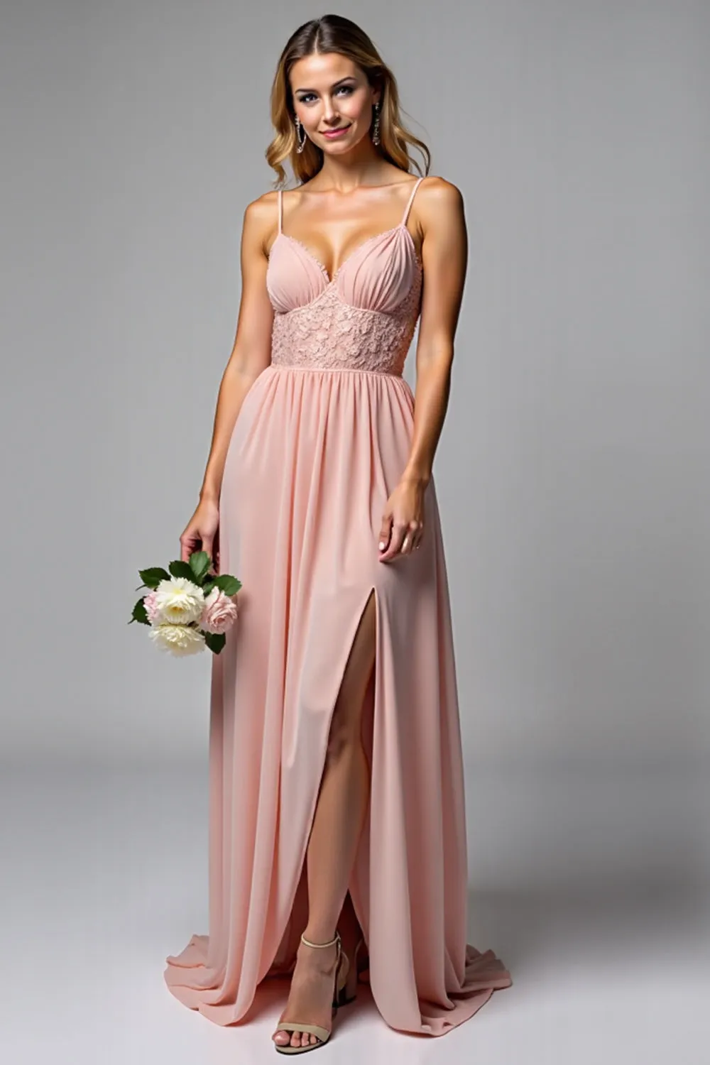 Dusty Rose Spaghetti Straps Chiffon Lace Bridesmaid Dress with Slit sold by Zapaka product image thumbnail 2