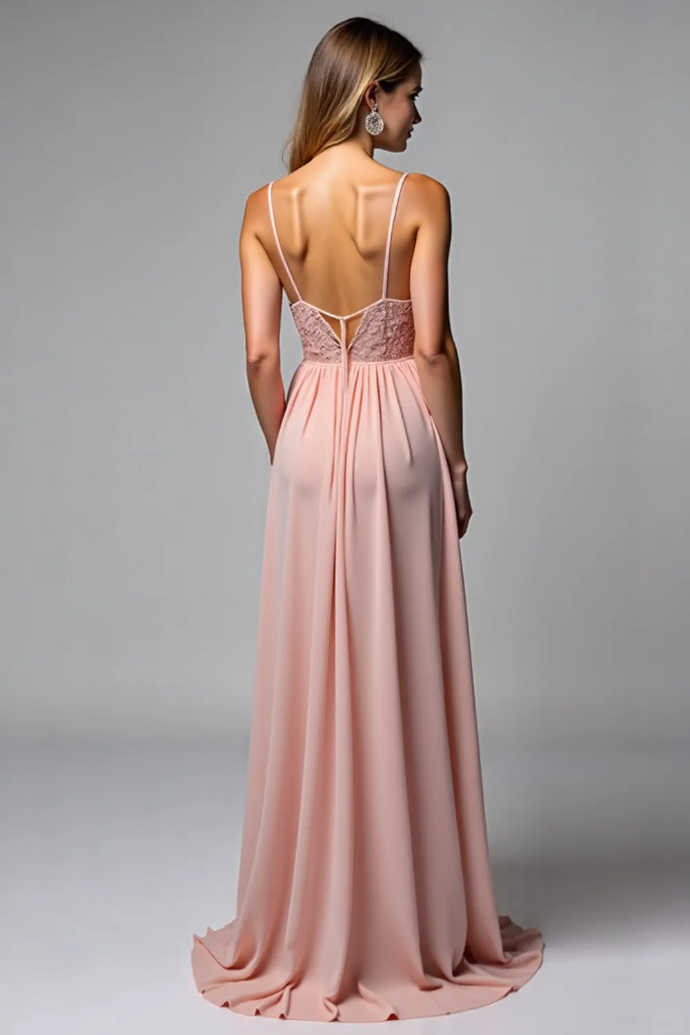 Dusty Rose Spaghetti Straps Chiffon Lace Bridesmaid Dress with Slit sold by Zapaka product image thumbnail 3