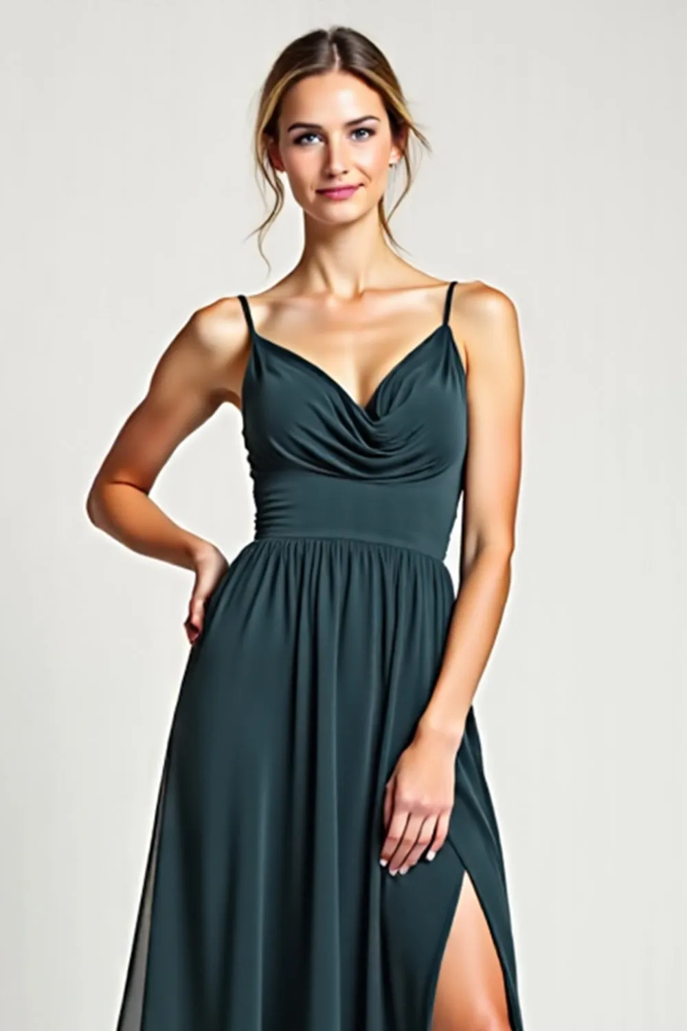 Peacock Chiffon Spaghetti Straps A Line Bridesmaid Dress with Slit sold by Zapaka product image thumbnail 4