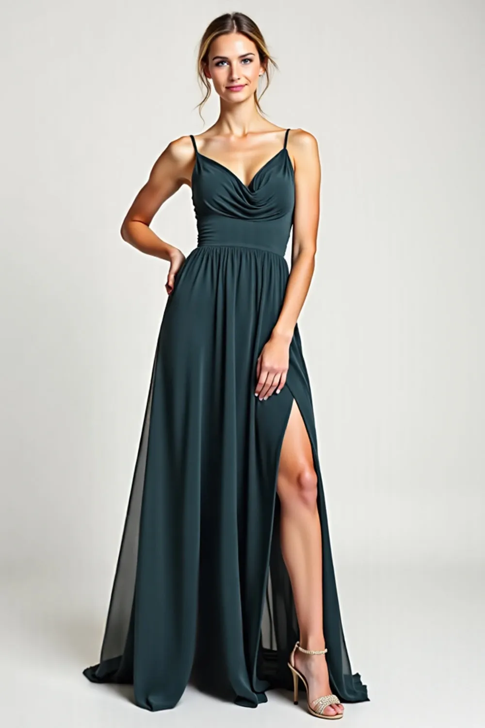 Peacock Chiffon Spaghetti Straps A Line Bridesmaid Dress with Slit sold by Zapaka