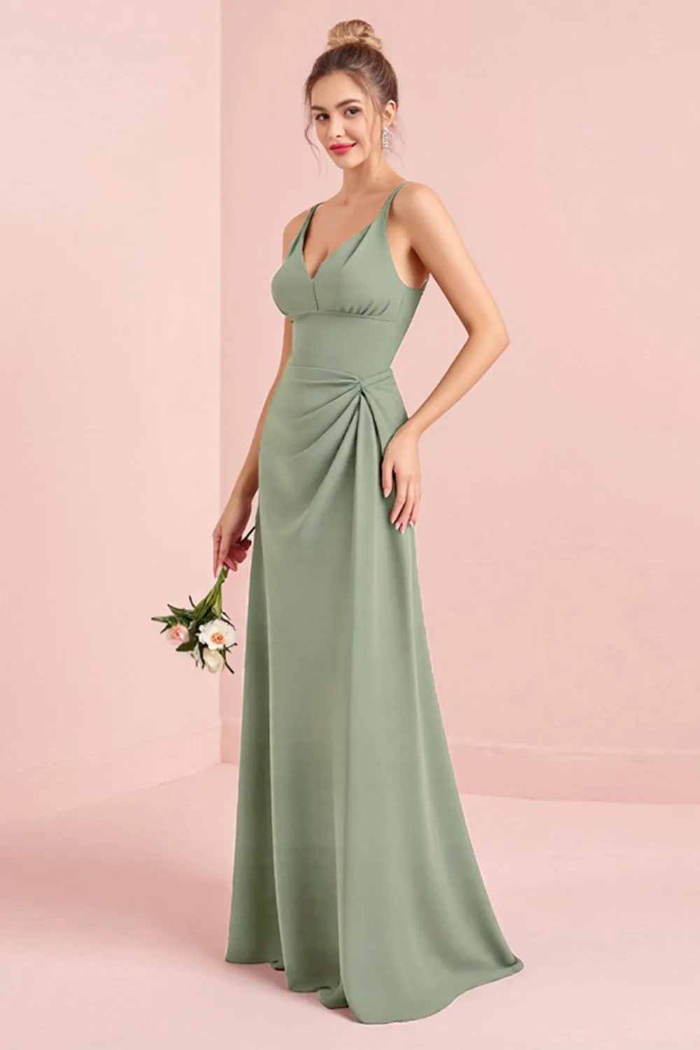 Eucalyptus Spaghetti Straps Stretch Satin Sheath Bridesmaid Dress sold by Zapaka