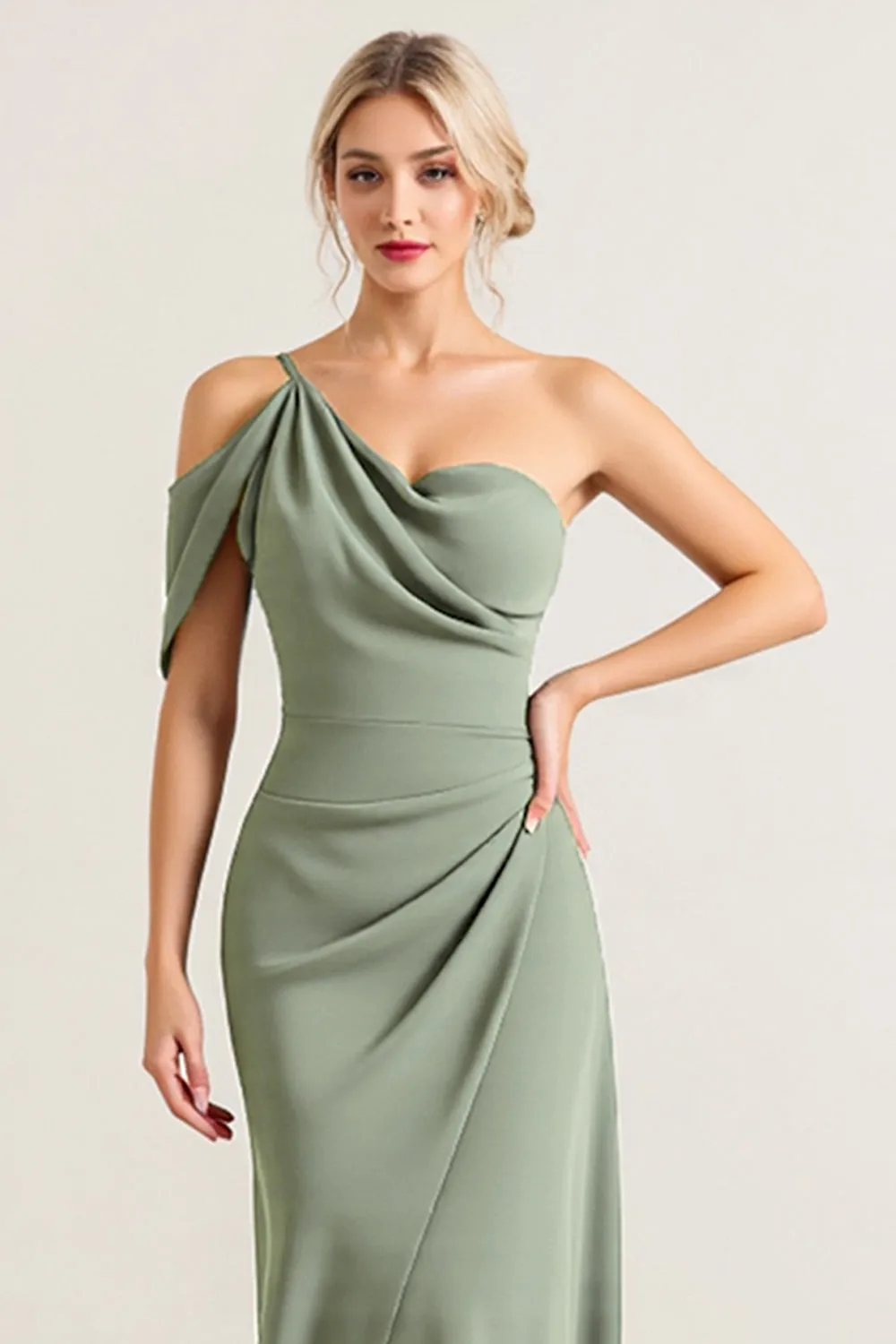 Olive One Shoulder Ruched Chiffon Sheath Bridesmaid Dress sold by Zapaka product image thumbnail 4