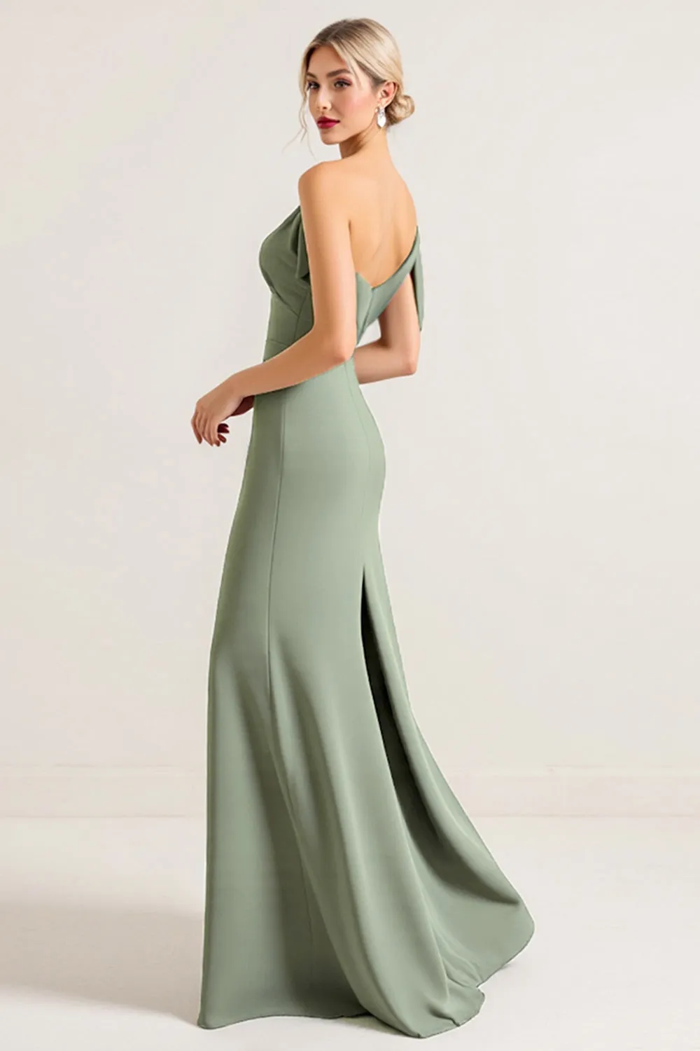Olive One Shoulder Ruched Chiffon Sheath Bridesmaid Dress sold by Zapaka product image thumbnail 3