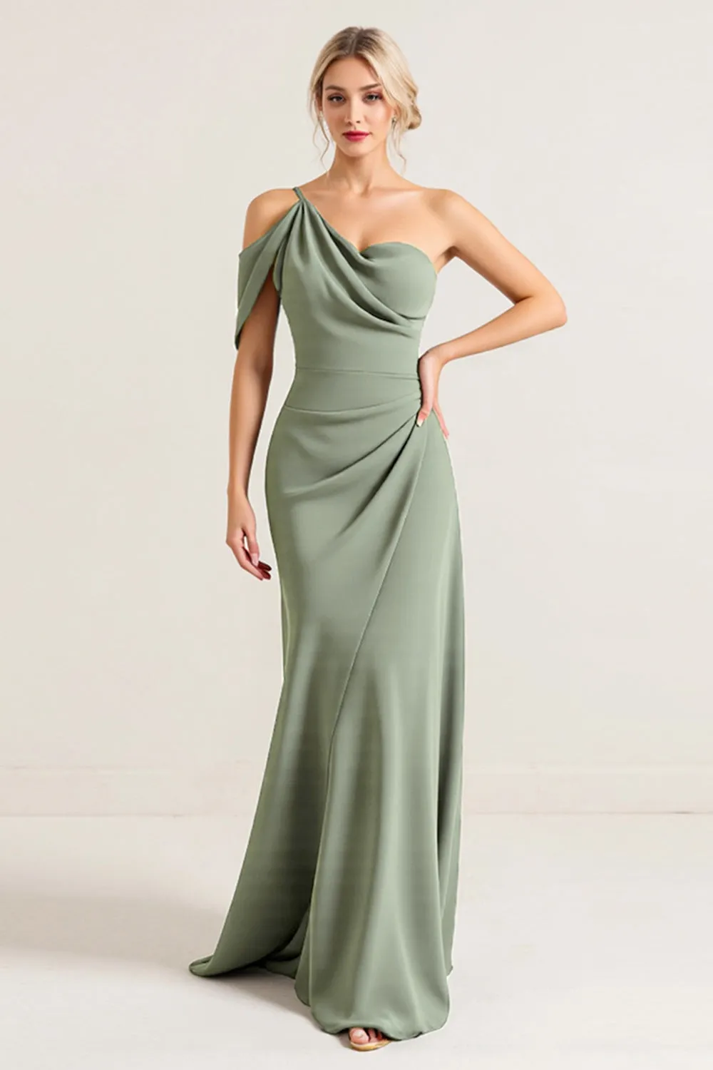 Olive One Shoulder Ruched Chiffon Sheath Bridesmaid Dress sold by Zapaka