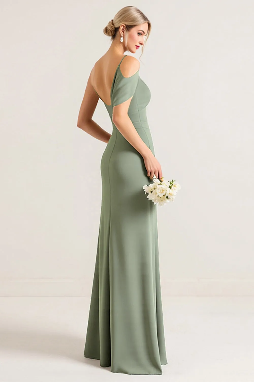 Olive One Shoulder Ruched Chiffon Sheath Bridesmaid Dress sold by Zapaka product image thumbnail 2