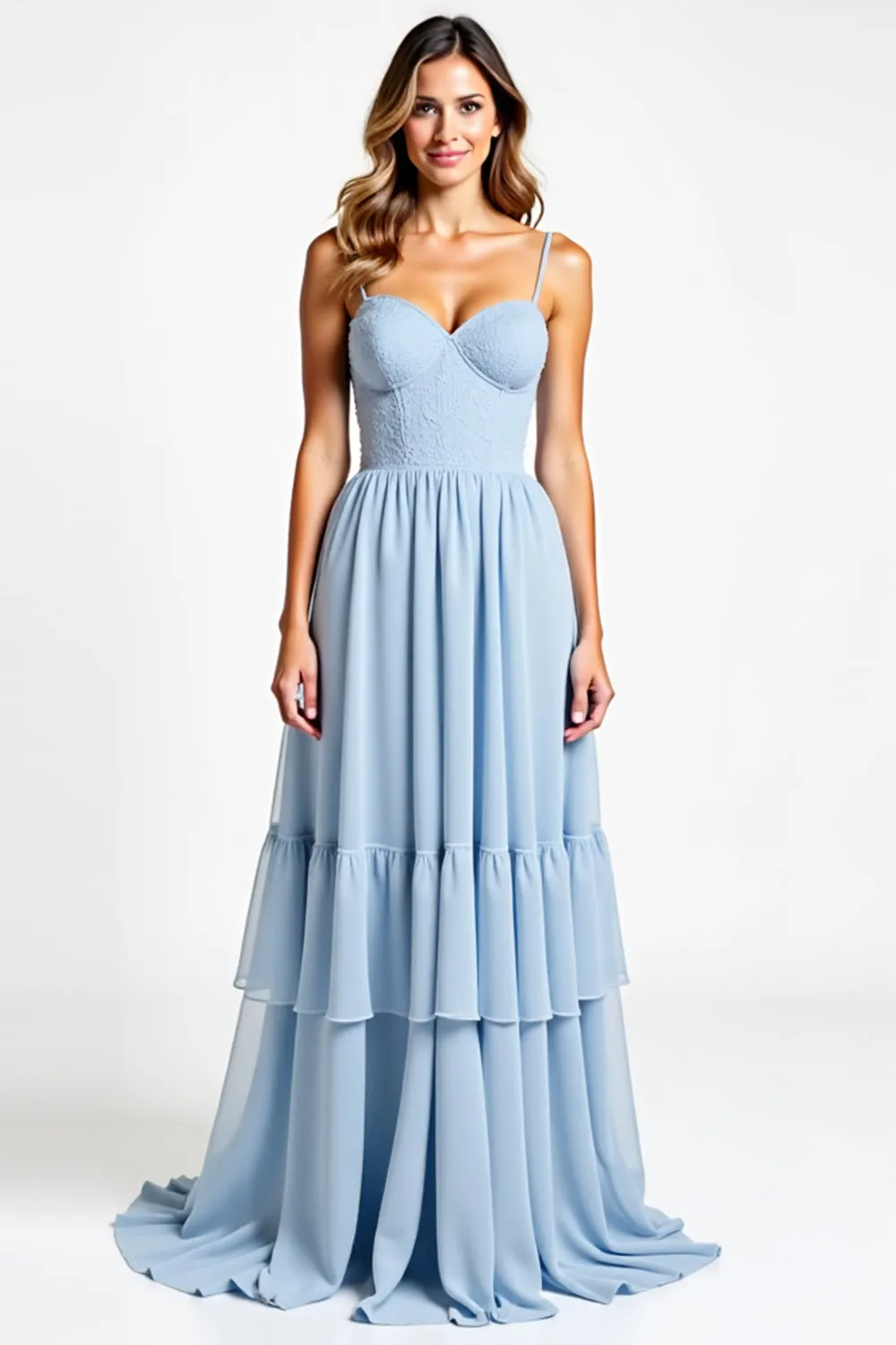 Sky Blue Chiffon Lace Bridesmaid Dress With Ruffles sold by Zapaka product image thumbnail 3