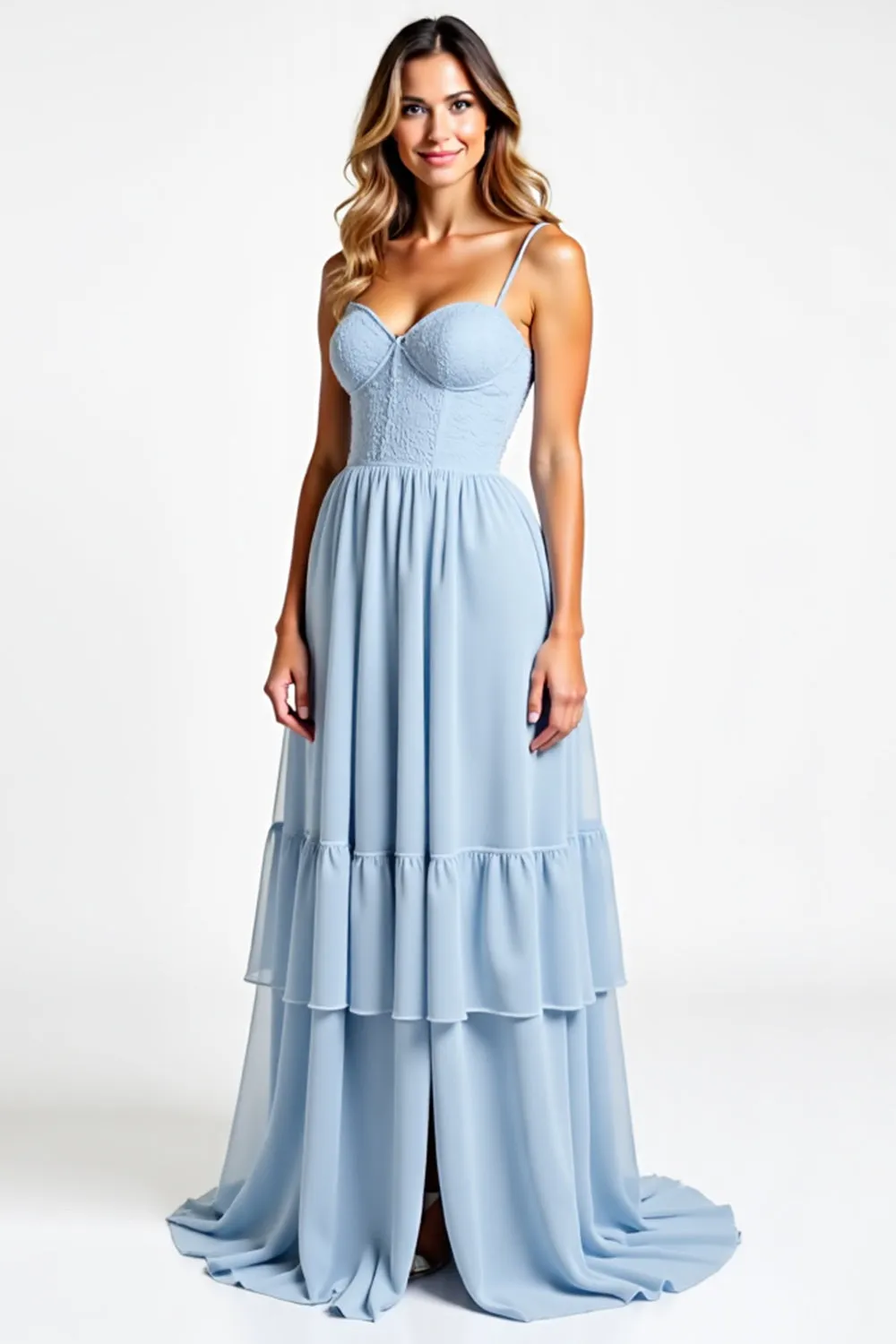Sky Blue Chiffon Lace Bridesmaid Dress With Ruffles sold by Zapaka