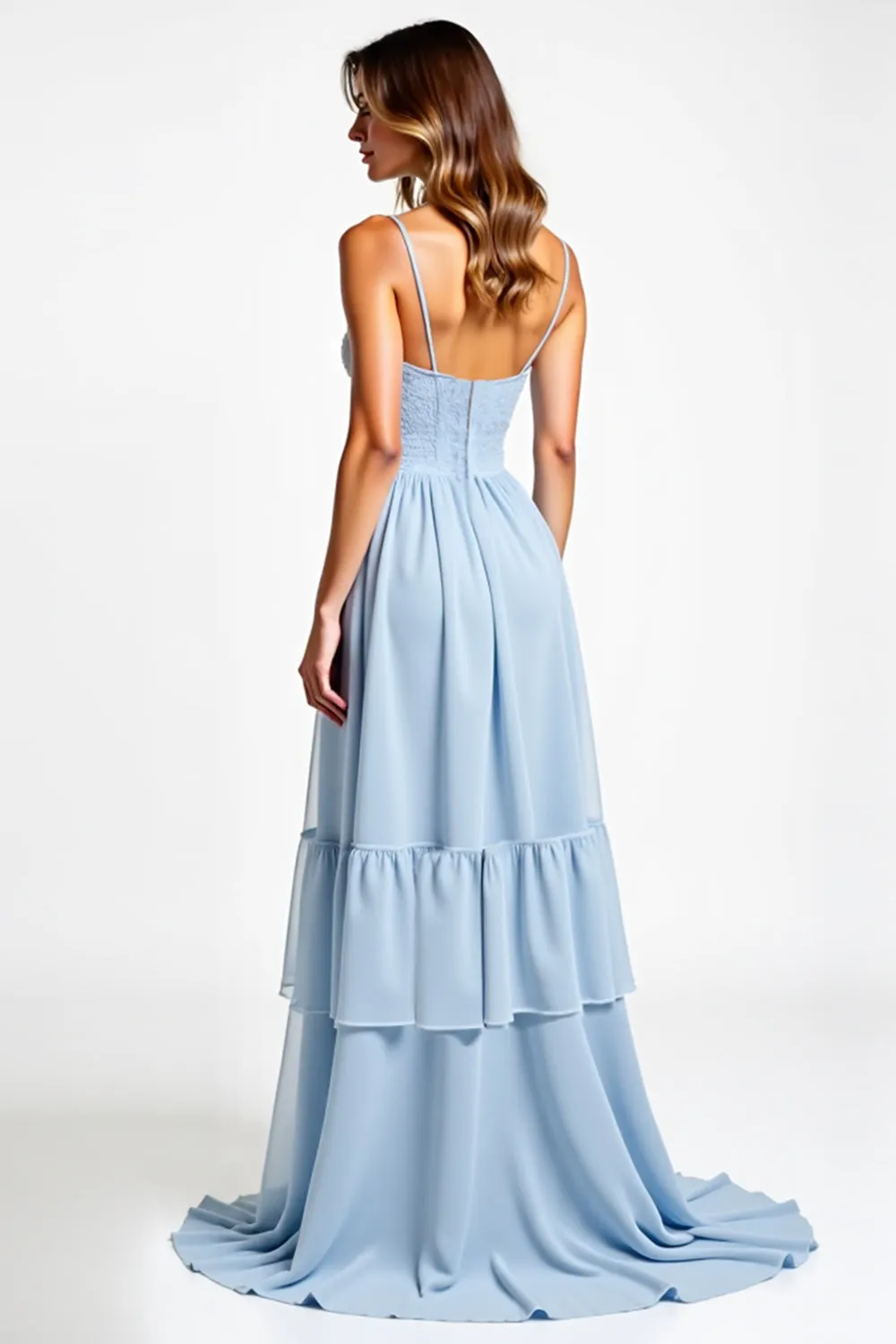 Sky Blue Chiffon Lace Bridesmaid Dress With Ruffles sold by Zapaka product image thumbnail 2