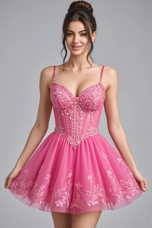 Sparkly Pink Spaghetti Straps Short Prom Dress With Sequins sold by Zapaka