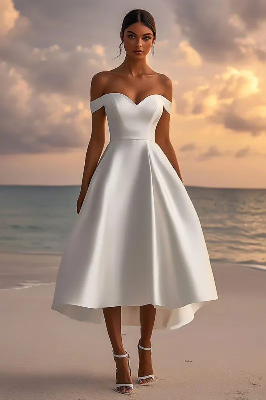 Satin Off The Shoulder Tea Length White Wedding Dress sold by Zapaka