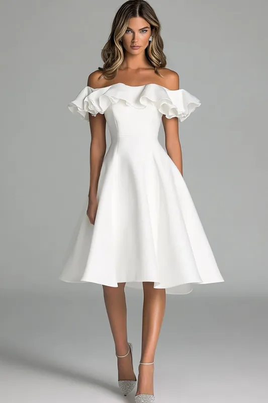 White Off The Shoulder A Line Wedding Dress With Ruffles sold by Zapaka