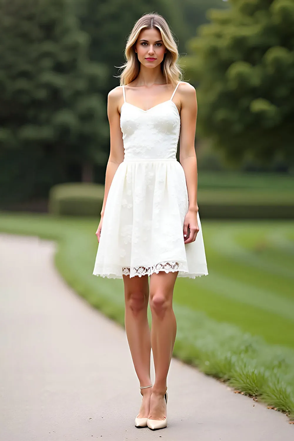 A Line White Spaghetti Straps Lace Short Graduation Dress sold by Zapaka